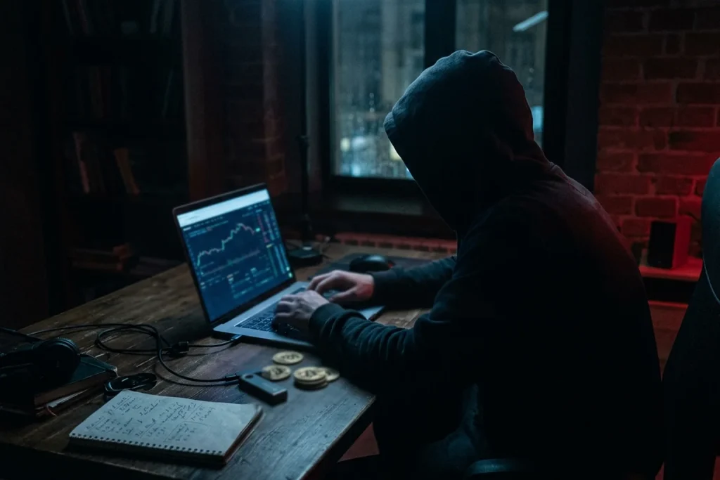 Anoniem wedden met cryptocurrency met gemaskerde figuur en bitcoin wallet