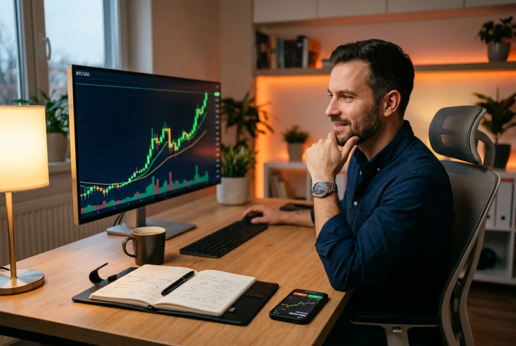 Bitcoin call optie strategie met koersgrafiek en trader die analyse maakt