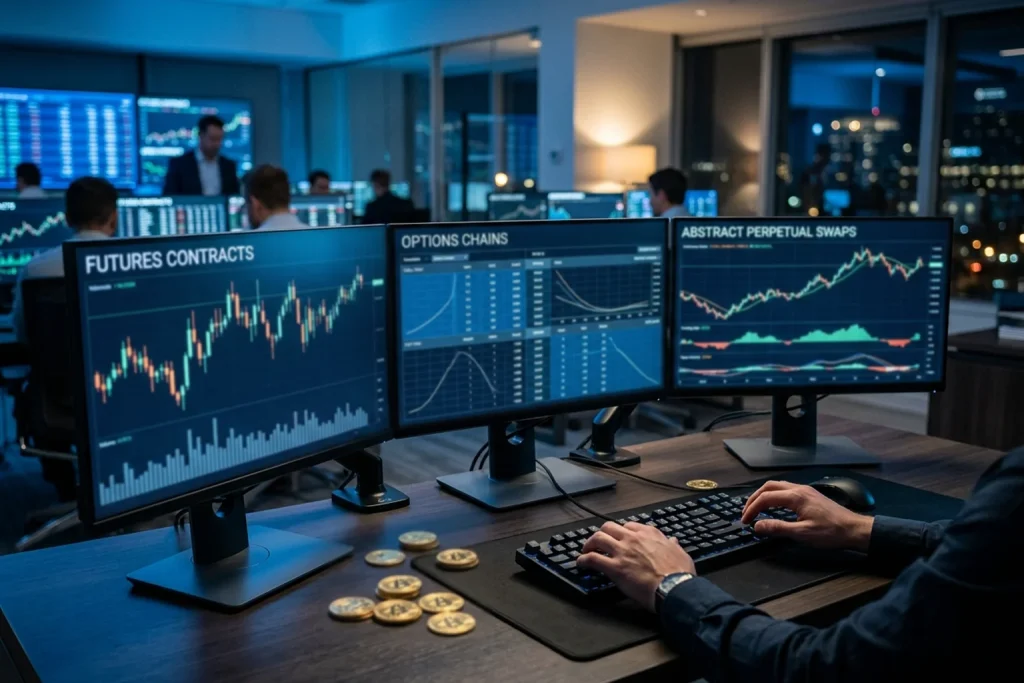 Bitcoin derivaten overzicht met futures opties en perpetuals trading schermen
