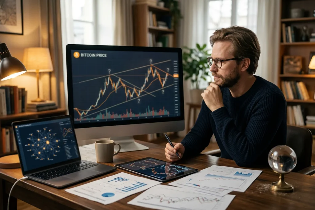 Bitcoin koers voorspelling met grafieken en analyse tools op scherm