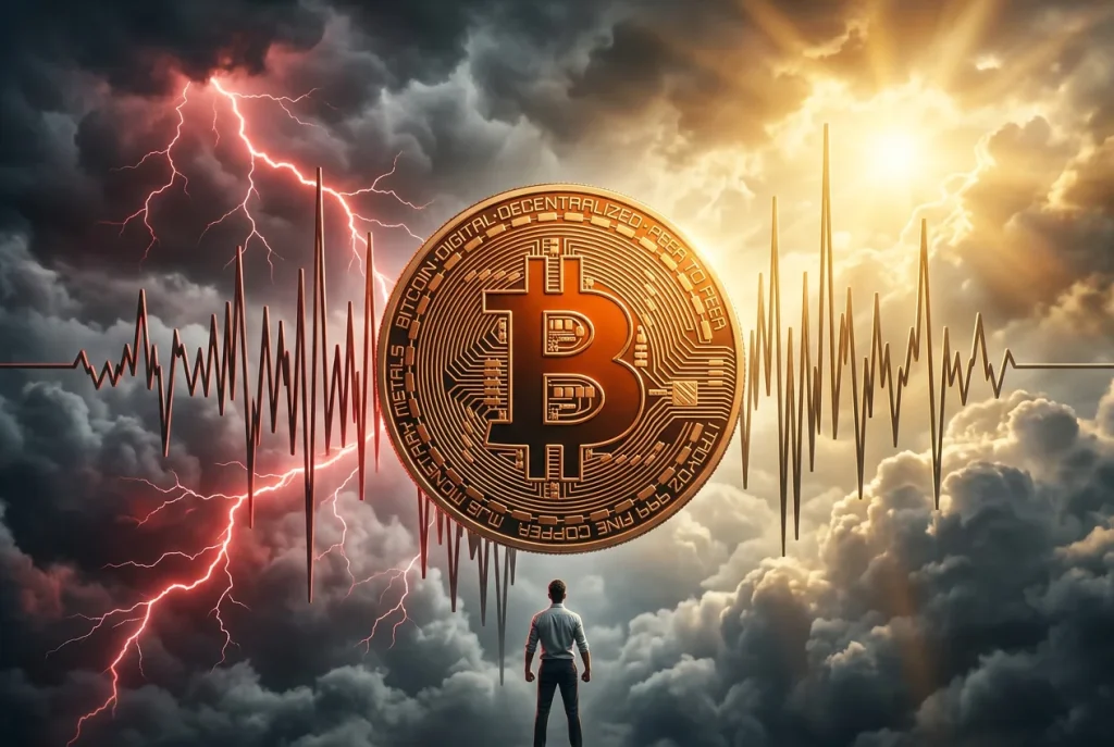 Bitcoin volatiliteit met sterk bewegende koersgrafiek en risico indicatoren