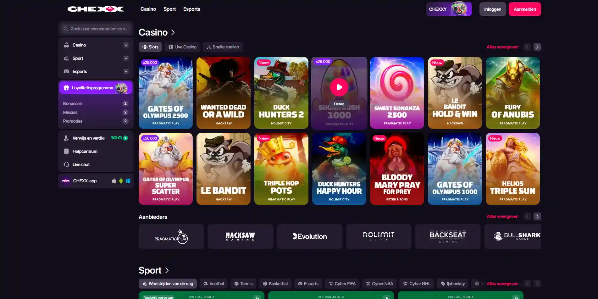 Casino-overzicht met spelcategorieën, tegels en filters voor slots