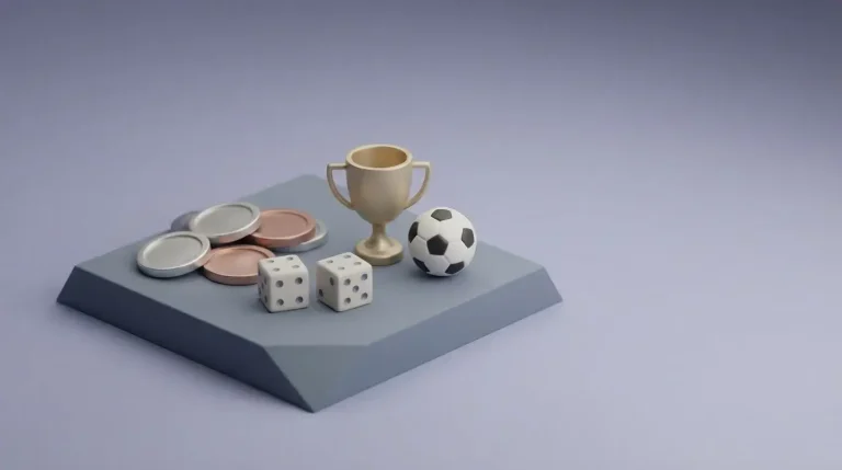 Crypto-casino en sportconcept met munten, dobbelstenen, trofee en voetbal