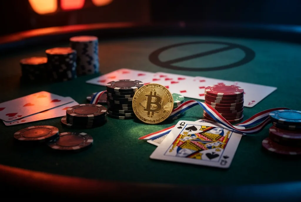 Crypto casino in Nederland met bitcoin symbool en Nederlandse vlag