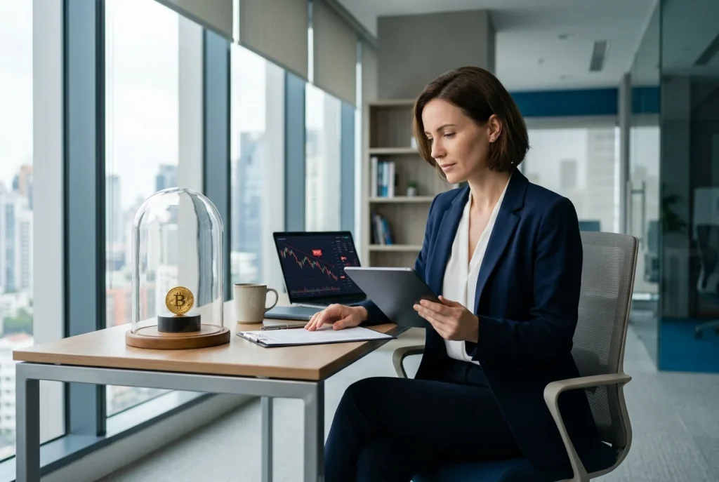 Crypto put optie als bescherming tegen koersdaling met dalende grafiek en schild