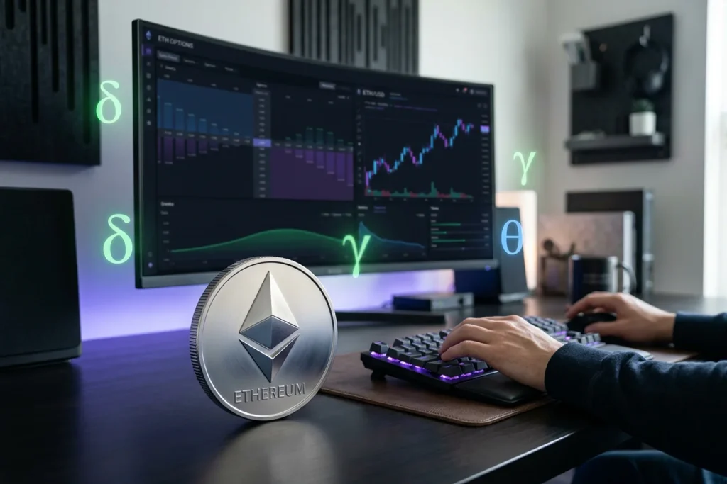 Ethereum opties trading met ETH logo en derivaten grafieken