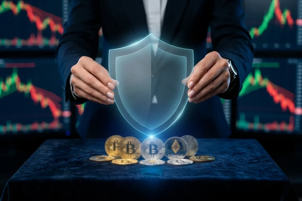 Hedging strategie voor bitcoin met beschermend schild over crypto portfolio