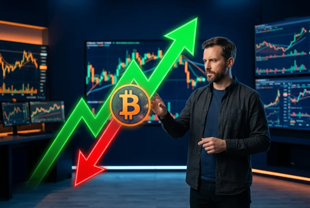 Long straddle strategie voor crypto met pijlen beide richtingen en bitcoin koersgrafiek