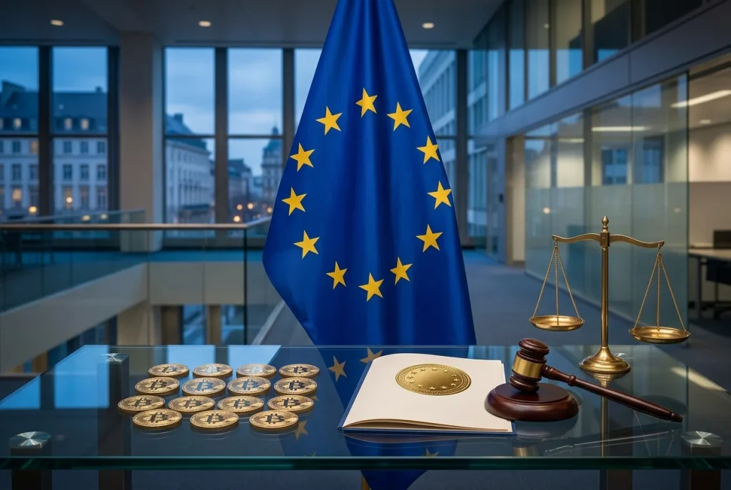 MiCAR EU crypto regulering met Europese vlag en cryptocurrency symbolen
