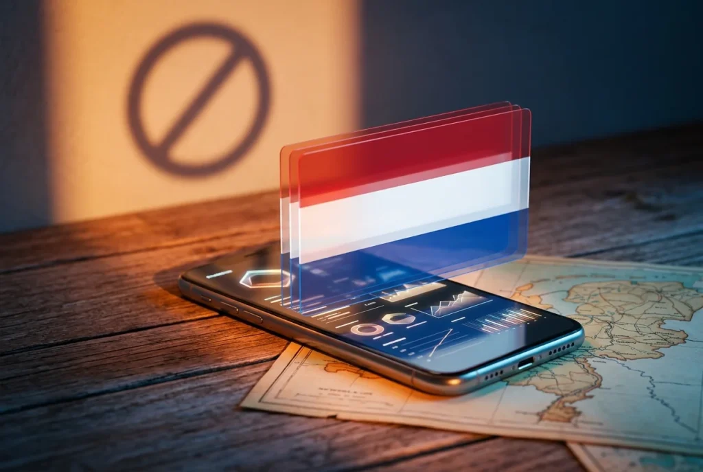 Polymarket prediction market platform met Nederlandse vlag en verbodsteken